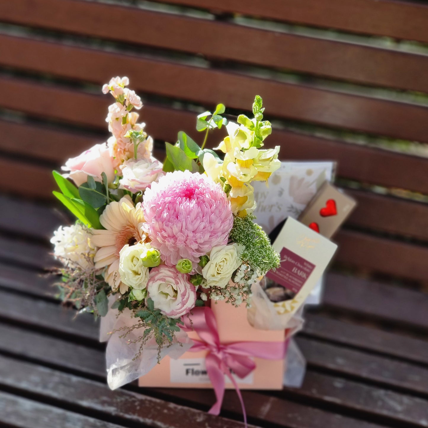 Get well soon floral hamper with gourmet chocolate and greeting card for hospital delivery in Melbourne.