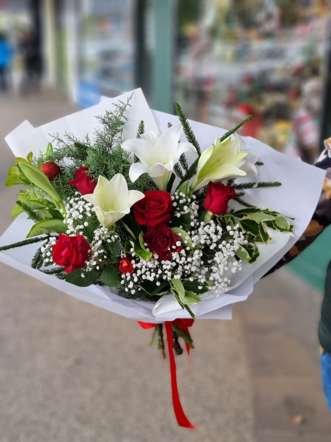 Same-day flower delivery Doncaster East - Vibrant red and white bouquet for new families and aged care residents.