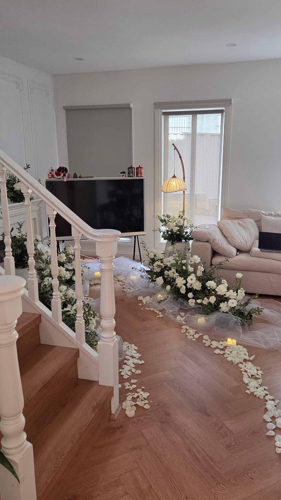 Bespoke floral proposal setup for an engagement at home, handcrafted by Flowerland florist at Nunawading studio, Melbourne Eastern Suburbs.