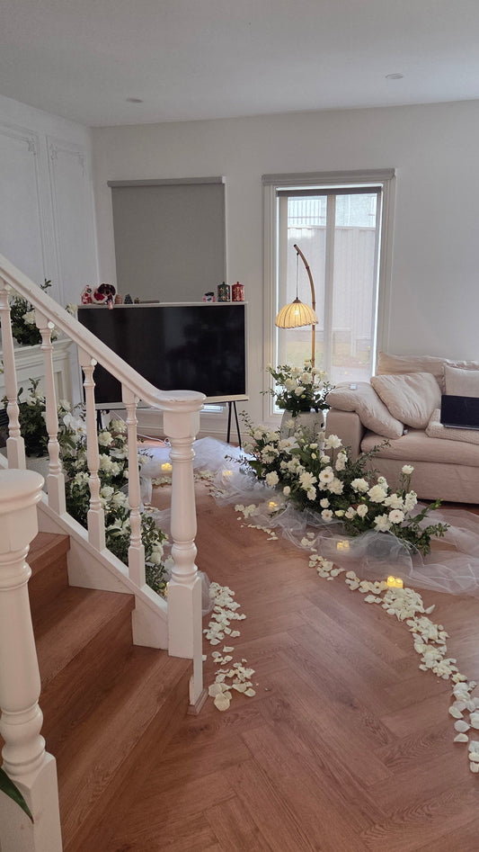 Bespoke floral proposal setup for an engagement at home, handcrafted by Flowerland florist at Nunawading studio, Melbourne Eastern Suburbs.