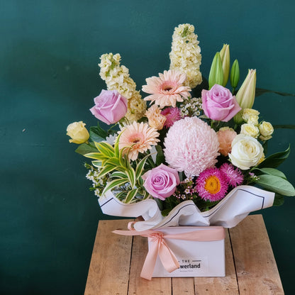 Modern Mother's Day floral gift box for delivery in Melbourne Eastern Suburbs, representing 'The Love That Never Waits' campaign by Flowerland.