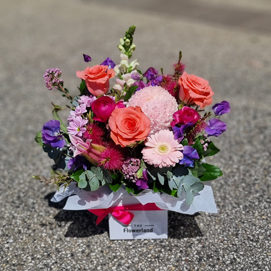 Vibrant Berry Burst box flower arrangement featuring premium pink roses and pastel chrysanthemums same-day delivery The Flowerland Nunawading