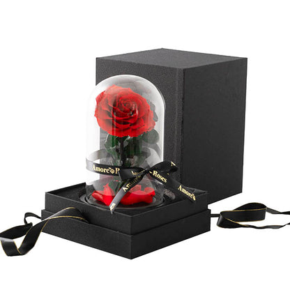 Luxury Forever Rose arrangement featuring three premium preserved red roses inside a 33cm glass dome with a sleek black gift box same-day delivery The Flowerland Nunawading
