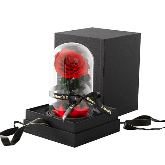 Luxury Forever Rose arrangement featuring three premium preserved red roses inside a 33cm glass dome with a sleek black gift box same-day delivery The Flowerland Nunawading
