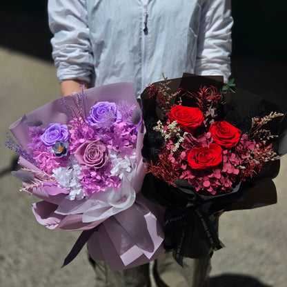 Premium hand-tied dried flower bouquet in vintage purple and deep romantic burgundy shades for luxury delivery in Doncaster.