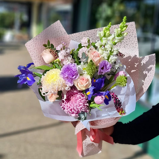 Elegant Mother's Day signature bouquet featuring a fresh collection of pastel pink, purple, and white flowers same-day delivery The Flowerland Nunawading