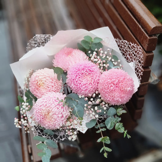 Fluffy Mumma flower bouquet featuring premium pink chrysanthemum disbuds and white gyp fillers wrapped beautifully same-day delivery The Flowerland Nunawading