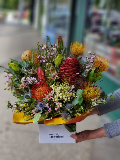 Long lasting Australian native boxed flowers with premium banksia and rustic gumnuts delivered straight to Camberwell.