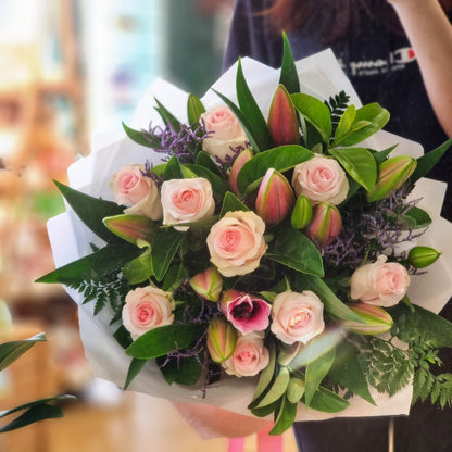 Bespoke hand-tied bouquet with premium pink oriental lilies and soft roses delivered to Balwyn properties.