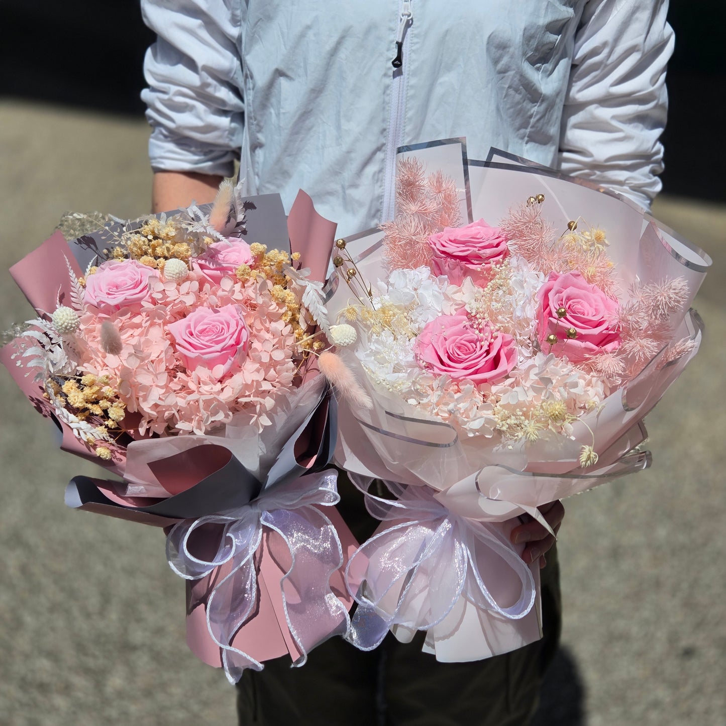 Elegant Preserved Bouquet featuring hand-arranged premium pink everlasting roses and dried filler blooms same-day delivery The Flowerland Nunawading