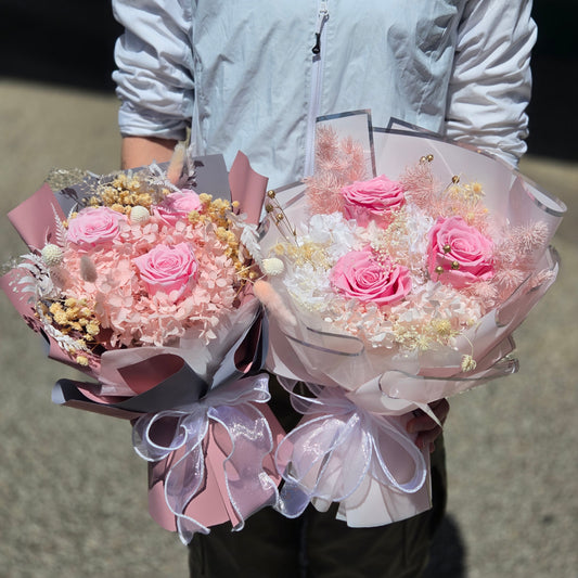 Elegant Preserved Bouquet featuring hand-arranged premium pink everlasting roses and dried filler blooms same-day delivery The Flowerland Nunawading