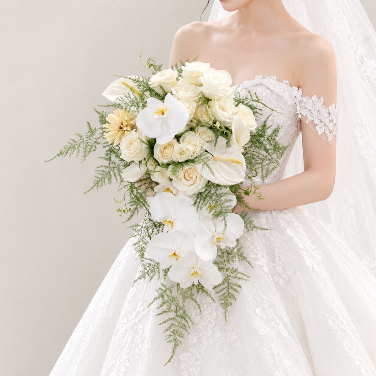 White Orchid Cascading Bridal Bouquet | Luxury Phalaenopsis & Rose Wedding Bouquet