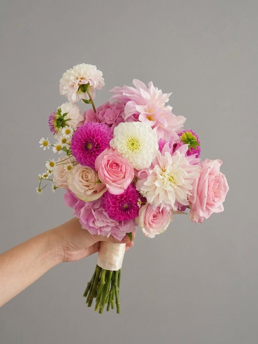 Pink Dahlia And Rose Garden Bridal Bouquet