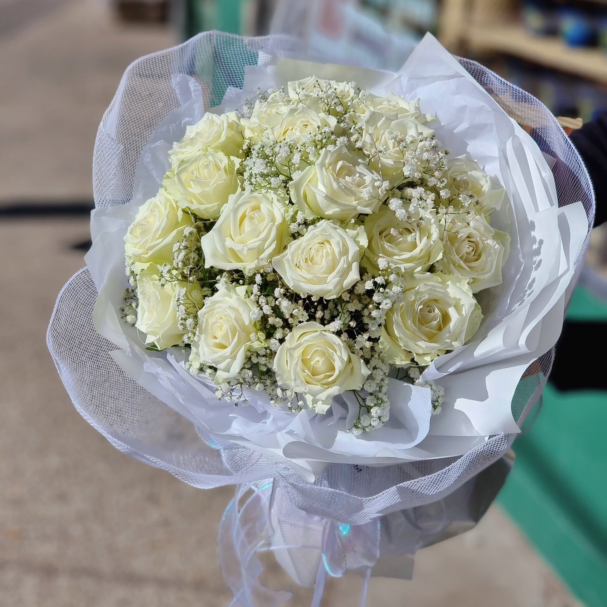 Elegant white rose bouquet with baby's breath (gypsophila) | Fresh romantic bridal flowers | Flowerland Nunawading