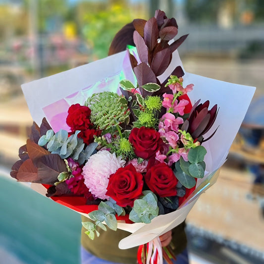 omantic Be My Valentine bouquet with premium red roses and mixed purple floral textures same-day delivery The Flowerland Nunawading