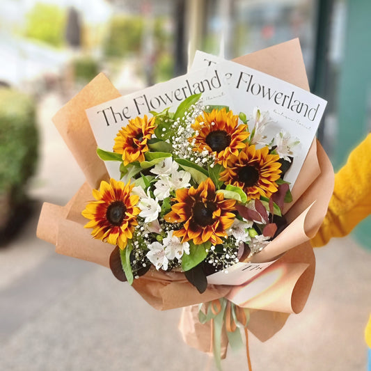 Vibrant sunflower graduation bouquet with fresh baby's breath same-day delivery to Monash University Clayton campus.