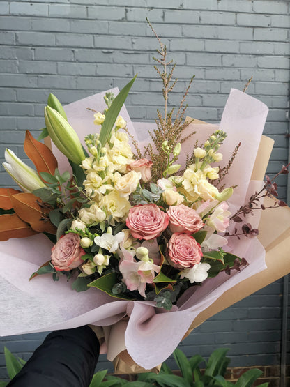 Elegant hand-tied dreamy pastel flower arrangement delivered straight to premium modern homes across Glen Waverley.