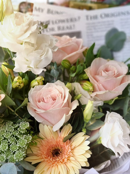 Dreamy cotton candy style bouquet featuring fresh white lisianthus and pink blossoms delivered to Balwyn.