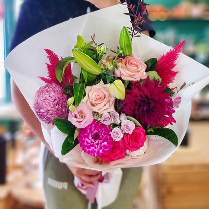 Vibrant perfectly pink bouquet featuring premium roses and mixed chrysanthemums same-day delivery The Flowerland Nunawading