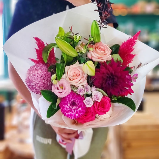 Vibrant perfectly pink bouquet featuring premium roses and mixed chrysanthemums same-day delivery The Flowerland Nunawading