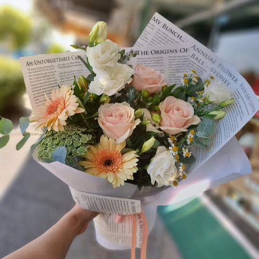 Sweet cotton candy flower bouquet with soft pink roses and pastel gerberas same-day delivery Flowerland Nunawading