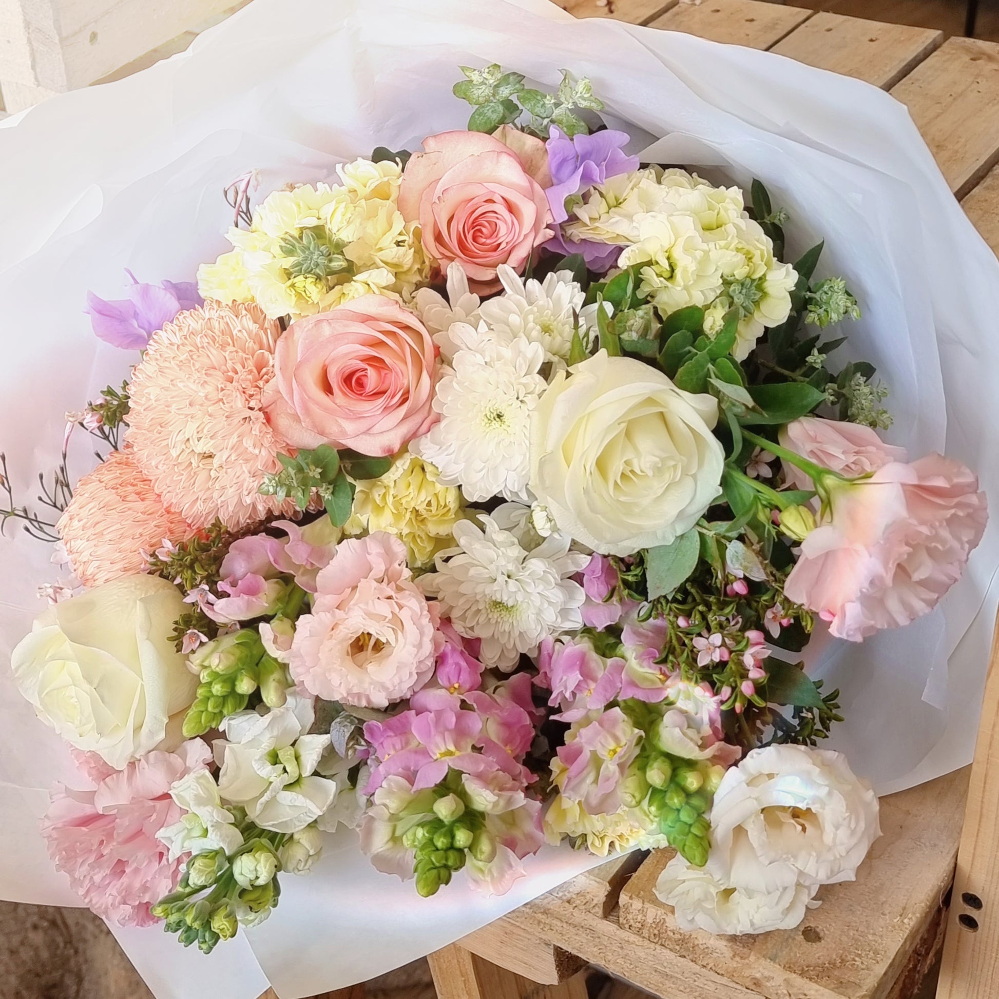 Beautiful hand-tied whimsical flowers featuring pastel tones for guaranteed same-day delivery to established properties in Doncaster East.