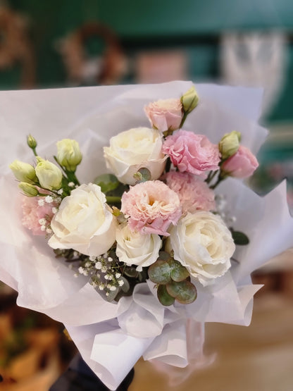Bespoke hand-tied pink themed graduation bouquet delivered same-day to premium residences and schools near Balwyn.
