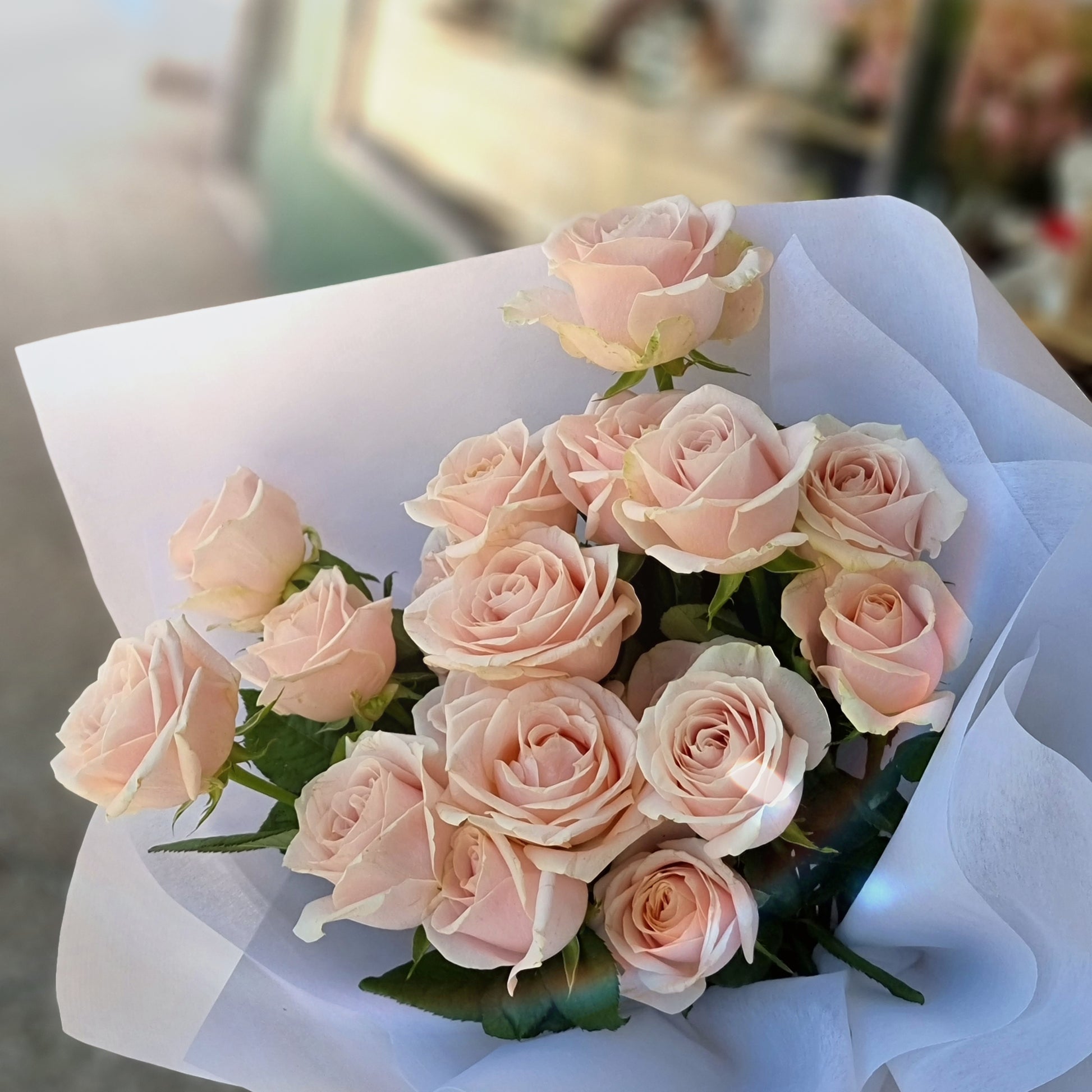 Fresh premium pink roses bouquet held outdoors ready for courier delivery to residential homes in Glen Waverley.