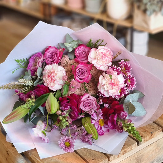 Romantic love you berry much bouquet featuring premium red roses, pink roses, and purple carnations same-day delivery Flowerland Nunawading