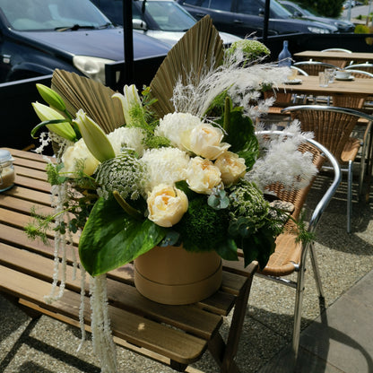 Custom premium flower hatbox with romantic carnations and imported roses handcrafted for luxury styling in Hawthorn.